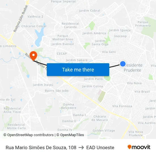 Rua Mario Simões De Souza, 108 to EAD Unoeste map