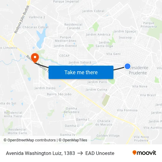 Avenida Washington Luiz, 1383 to EAD Unoeste map