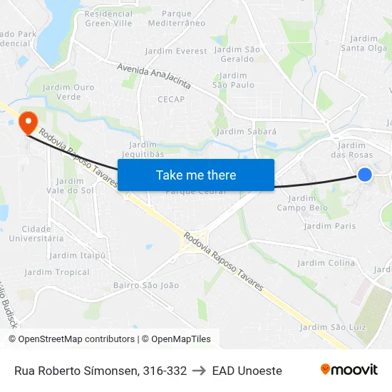 Rua Roberto Símonsen, 316-332 to EAD Unoeste map
