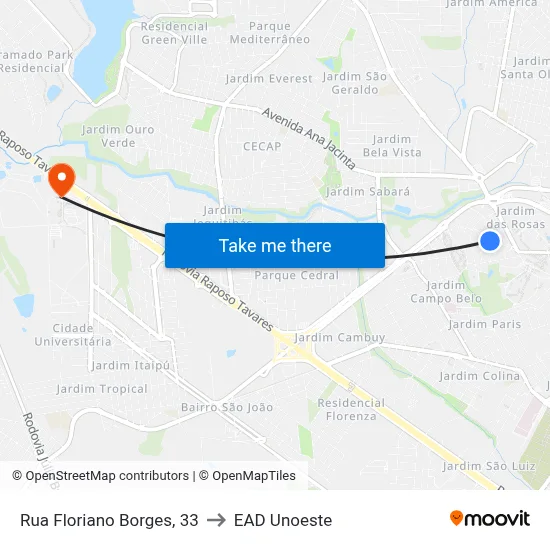 Rua Floriano Borges, 33 to EAD Unoeste map