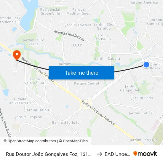 Rua Doutor João Gonçalves Foz, 1612-1808 to EAD Unoeste map