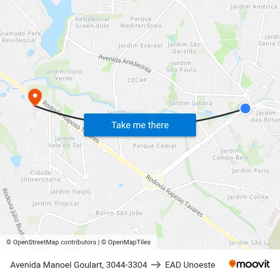 Avenida Manoel Goulart, 3044-3304 to EAD Unoeste map