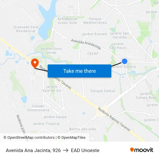 Avenida Ana Jacinta, 926 to EAD Unoeste map