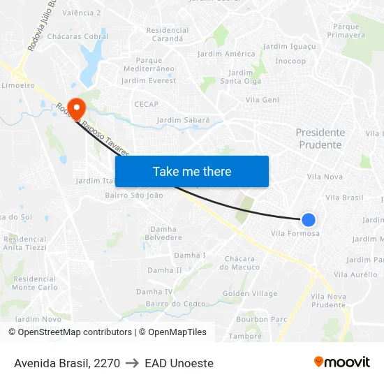 Avenida Brasil, 2270 to EAD Unoeste map