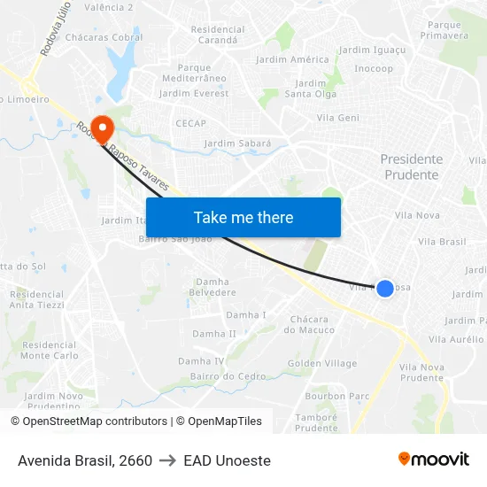 Avenida Brasil, 2660 to EAD Unoeste map