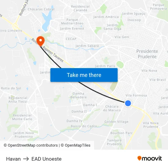 Havan to EAD Unoeste map