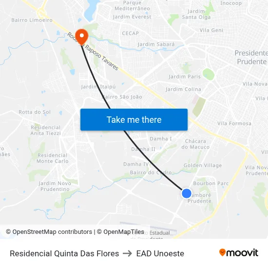 Residencial Quinta Das Flores to EAD Unoeste map