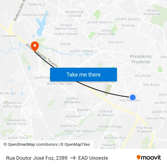 Rua Doutor José Foz, 2389 to EAD Unoeste map
