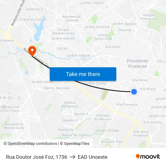 Rua Doutor José Foz, 1736 to EAD Unoeste map