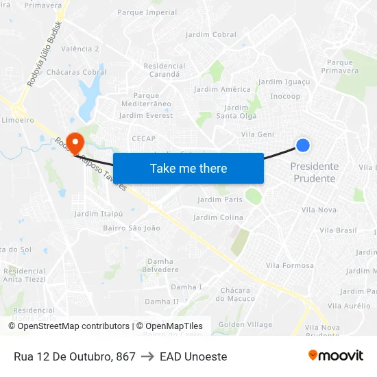 Rua 12 De Outubro, 867 to EAD Unoeste map
