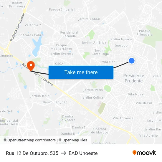 Rua 12 De Outubro, 535 to EAD Unoeste map