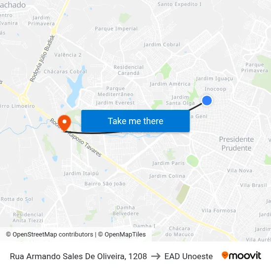 Rua Armando Sales De Oliveira, 1208 to EAD Unoeste map
