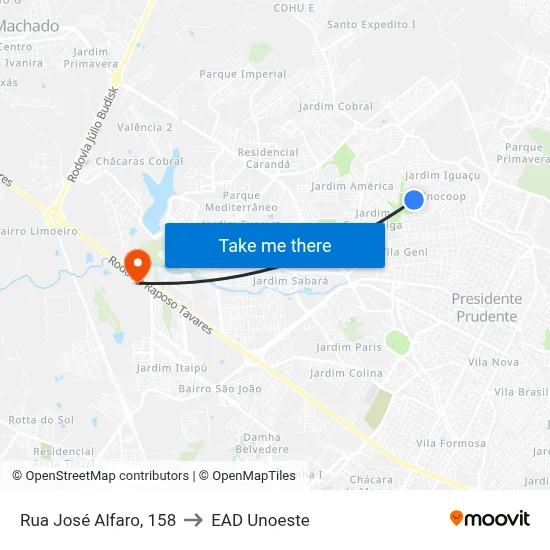 Rua José Alfaro, 158 to EAD Unoeste map