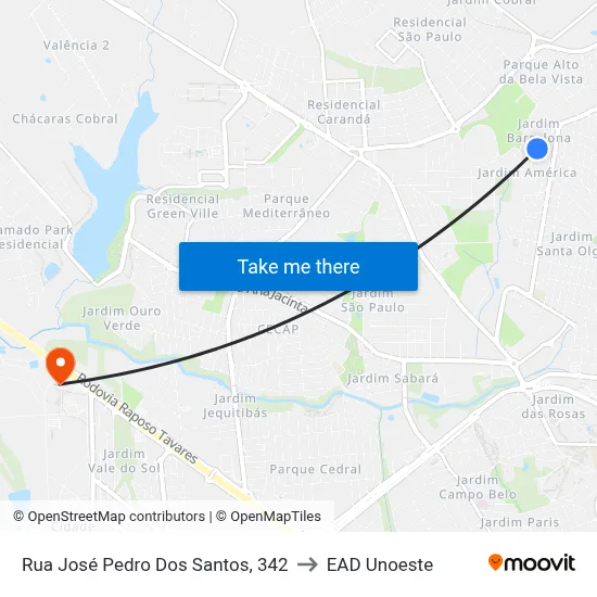 Rua José Pedro Dos Santos, 342 to EAD Unoeste map