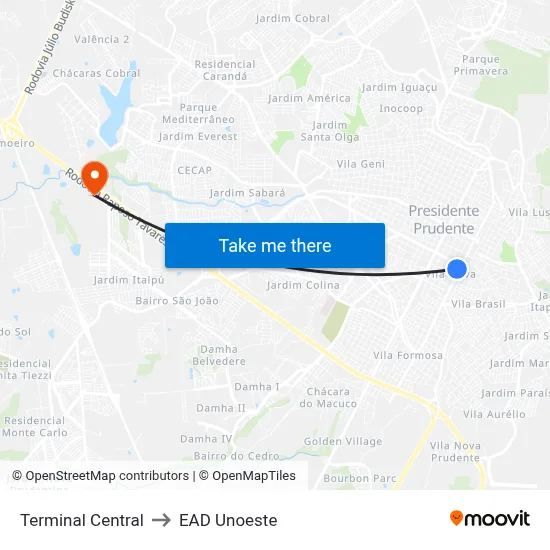 Terminal Central to EAD Unoeste map