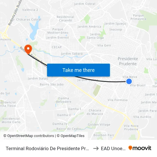 Terminal Rodoviário De Presidente Prudente to EAD Unoeste map