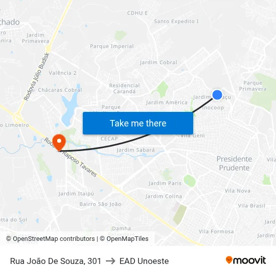 Rua João De Souza, 301 to EAD Unoeste map