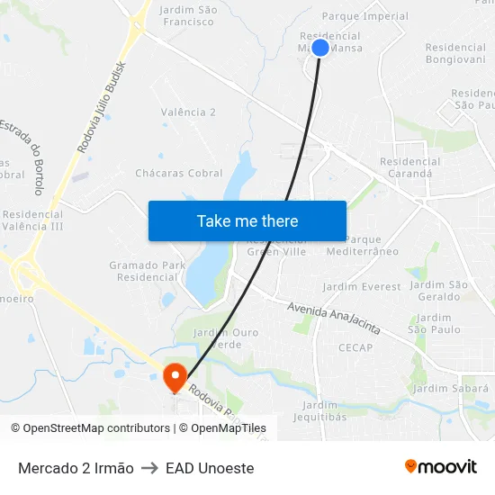 Mercado 2 Irmão to EAD Unoeste map