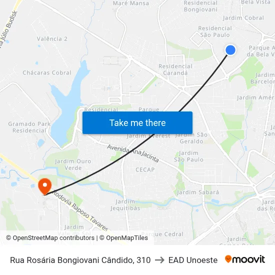 Rua Rosária Bongiovani Cândido, 310 to EAD Unoeste map
