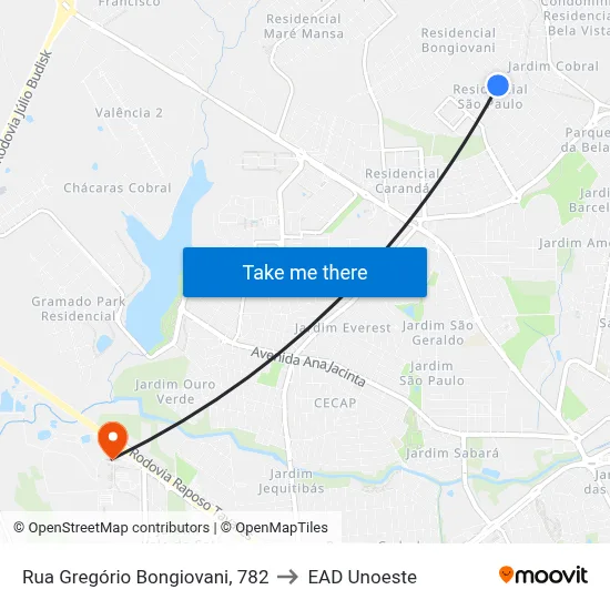 Rua Gregório Bongiovani, 782 to EAD Unoeste map