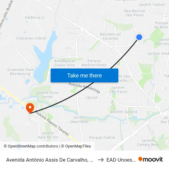 Avenida Antônio Assis De Carvalho, 141 to EAD Unoeste map