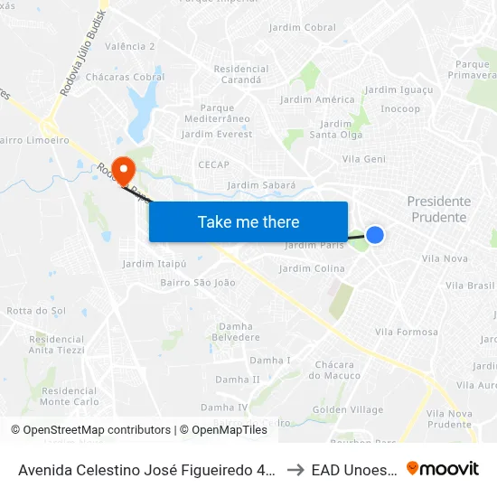 Avenida Celestino José Figueiredo 499 to EAD Unoeste map
