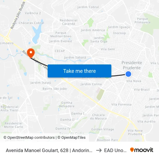 Avenida Manoel Goulart, 628 | Andorinha Vendas to EAD Unoeste map
