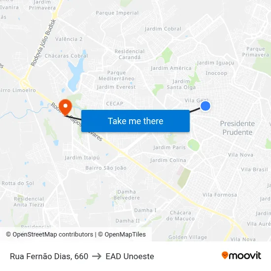 Rua Fernão Dias, 660 to EAD Unoeste map