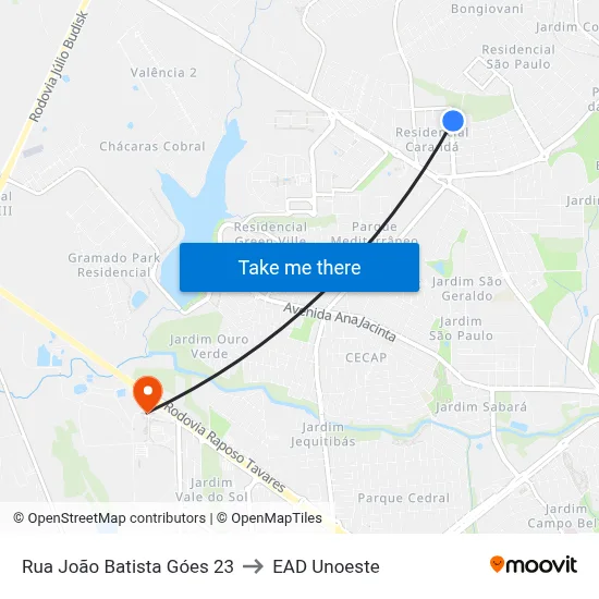 Rua João Batista Góes 23 to EAD Unoeste map