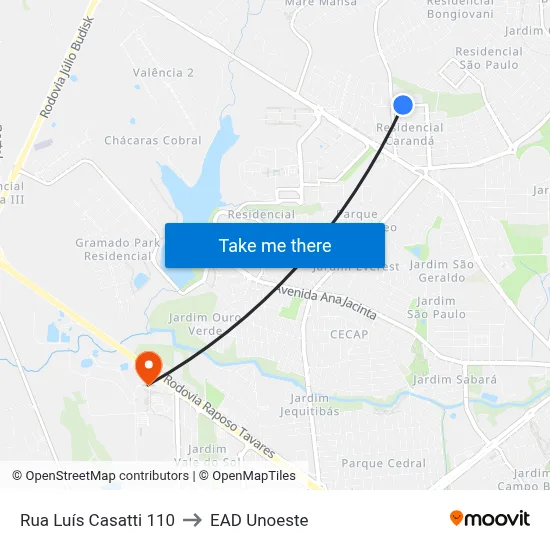 Rua Luís Casatti 110 to EAD Unoeste map