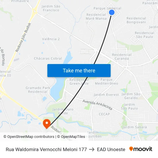 Rua Waldomira Vernocchi Meloni 177 to EAD Unoeste map