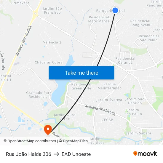 Rua João Halda 306 to EAD Unoeste map