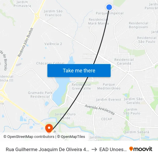 Rua Guilherme Joaquim De Oliveira 496 to EAD Unoeste map
