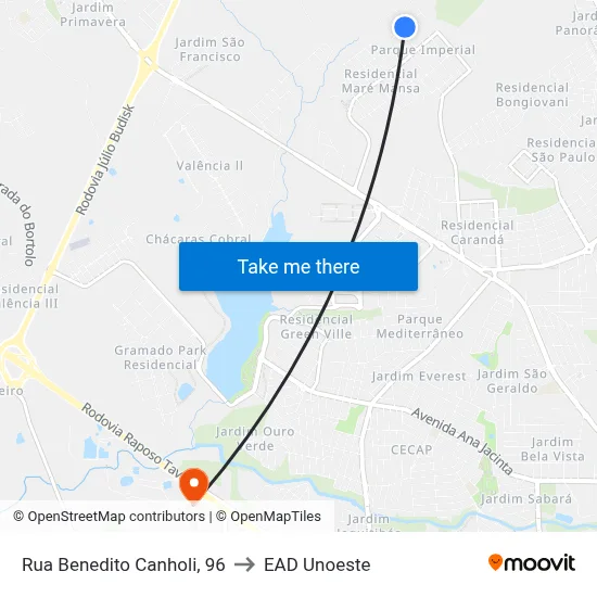 Rua Benedito Canholi, 96 to EAD Unoeste map