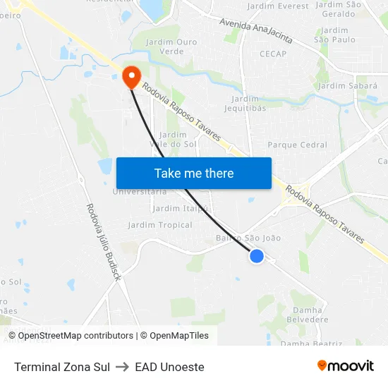 Terminal Zona Sul to EAD Unoeste map