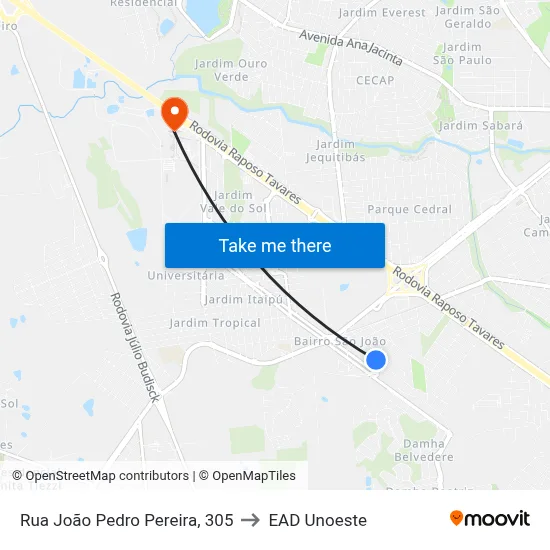 Rua João Pedro Pereira, 305 to EAD Unoeste map