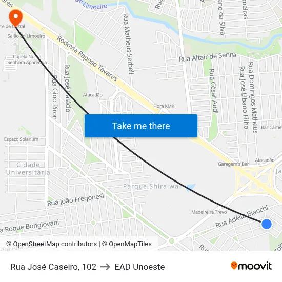 Rua José Caseiro, 102 to EAD Unoeste map
