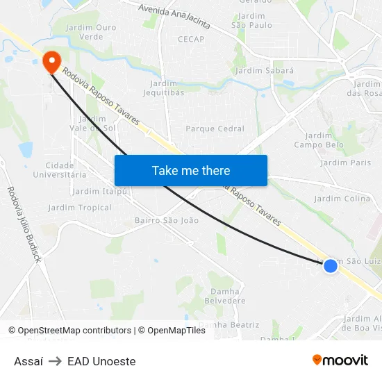 Assaí to EAD Unoeste map