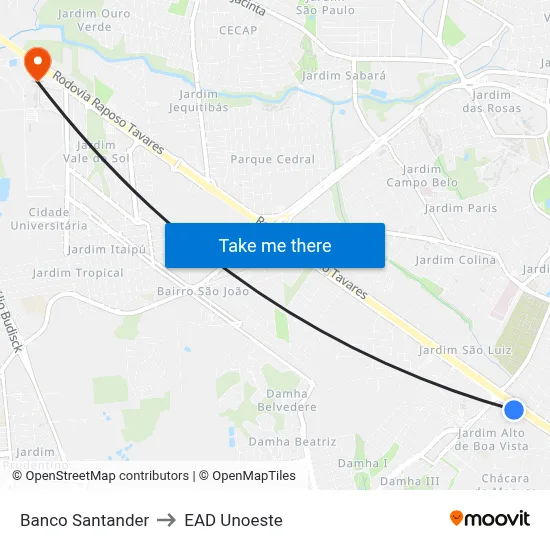 Banco Santander to EAD Unoeste map