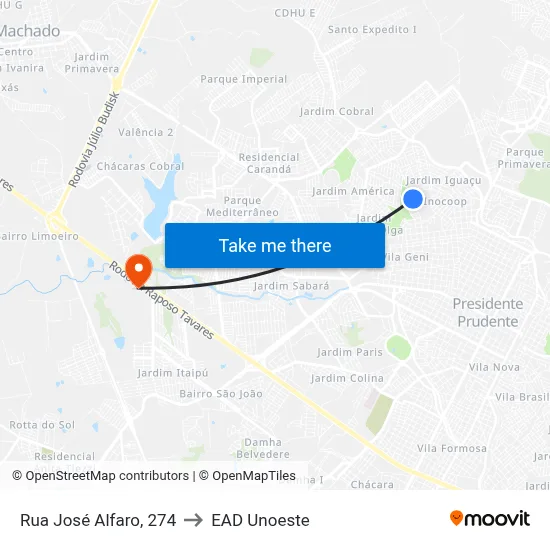 Rua José Alfaro, 274 to EAD Unoeste map