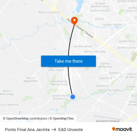 Ponto Final Ana Jacinta to EAD Unoeste map