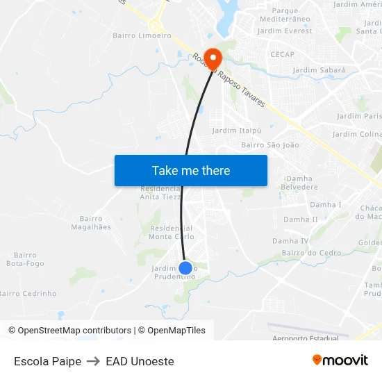 Escola Paipe to EAD Unoeste map