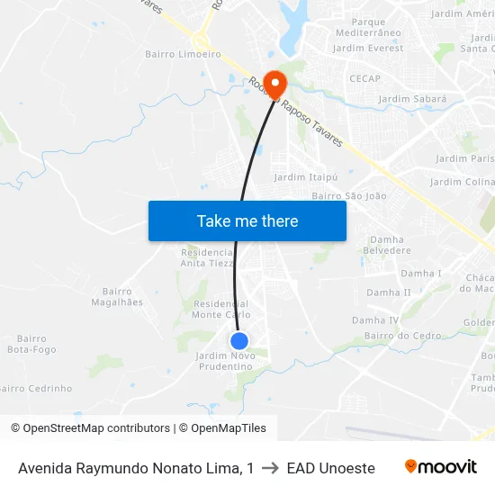 Avenida Raymundo Nonato Lima, 1 to EAD Unoeste map