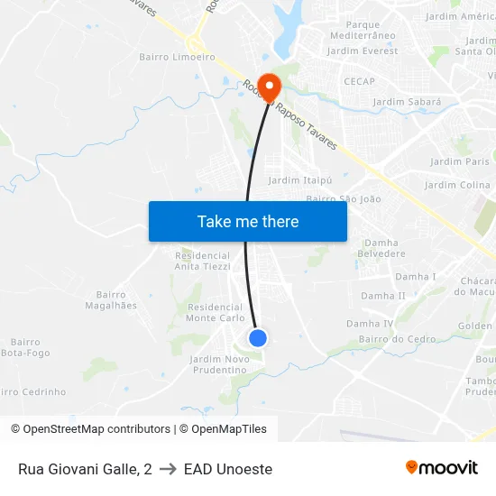 Rua Giovani Galle, 2 to EAD Unoeste map