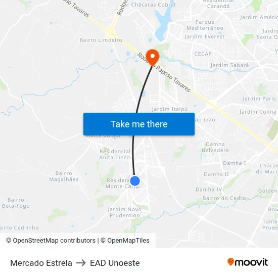 Mercado Estrela to EAD Unoeste map