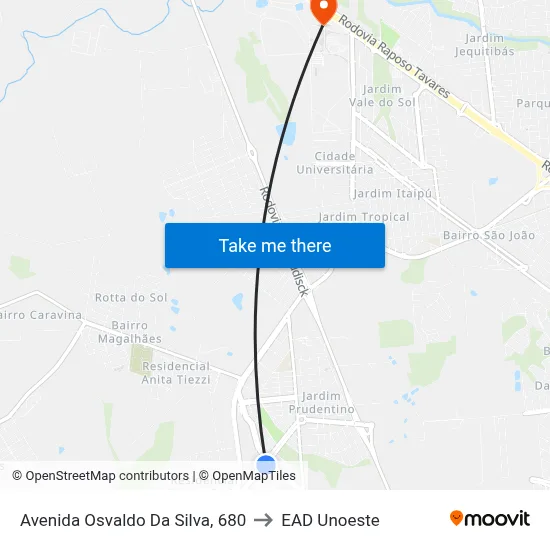 Avenida Osvaldo Da Silva, 680 to EAD Unoeste map