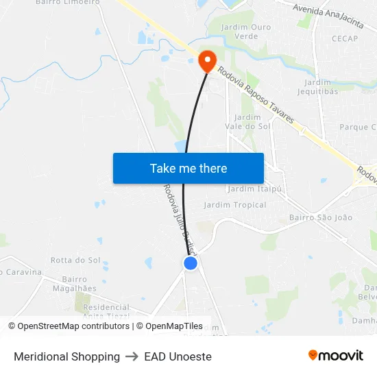 Meridional Shopping to EAD Unoeste map