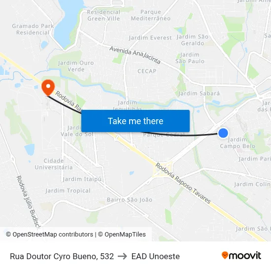 Rua Doutor Cyro Bueno, 532 to EAD Unoeste map
