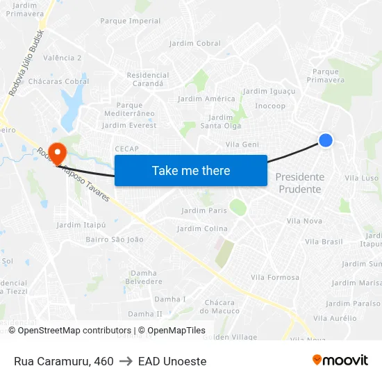 Rua Caramuru, 460 to EAD Unoeste map
