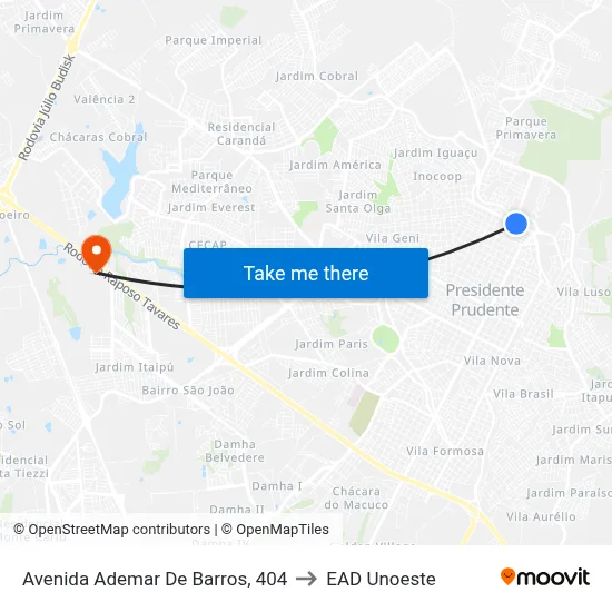 Avenida Ademar De Barros, 404 to EAD Unoeste map